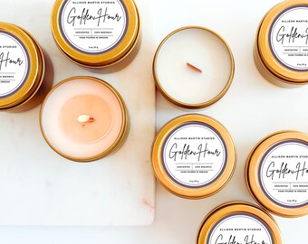 White Beeswax Candle, Gold Tin, Unscented, Handmade, 2 oz Travel Size