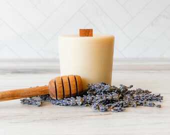 REFILL Lavender Honey Scent, Yellow Beeswax Candle, Allergy Friendly, Eco-Conscious, Hand Poured, Essential Oils, Wood Wick, Clean Burning