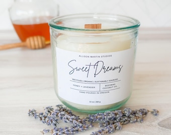 Allergy Friendly White Beeswax Candle, Eco-Conscious, Lavender Honey Scent, Essential Oils, Hand Poured, Crackling Wood Wick, Clean Burning
