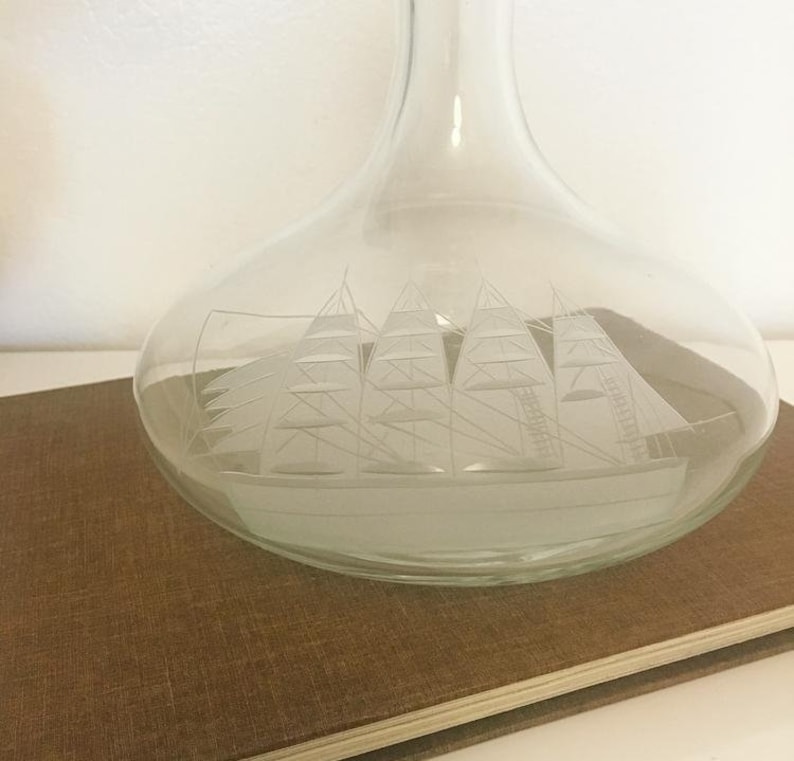 Vintage Decanter, Etched Ships by Toscany. 1970's . Genie Bottle Sty