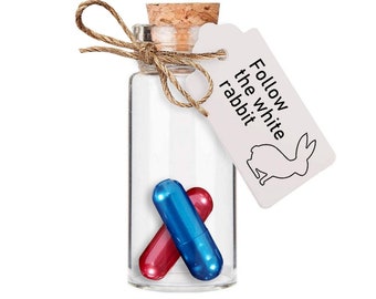 Blue and red pills in a glass vial in homage to the film Matrix am the White Rabbit gift for fan or for Cabinet of Curiosities