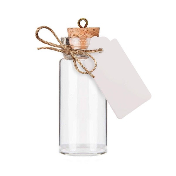 Petite fiole en verre de 10 ml avec bouchon en liège, étiquette en kraft, crochet et ficelle, mini bouteille pour décoration, mariage, DIY