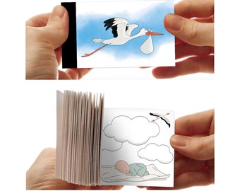 Flipbook La cigüeña y el niño o anuncio de nacimiento original hecho a mano pequeño libro ilustrado para hojear