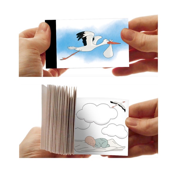 Flipbook La cicogna e il bambino o annuncio di nascita originale fatto a mano piccolo libro illustrato da sfogliare