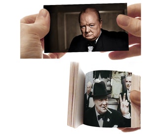 Flipbook small picture book to leaf through on Winston Churchill achieving the V of victory