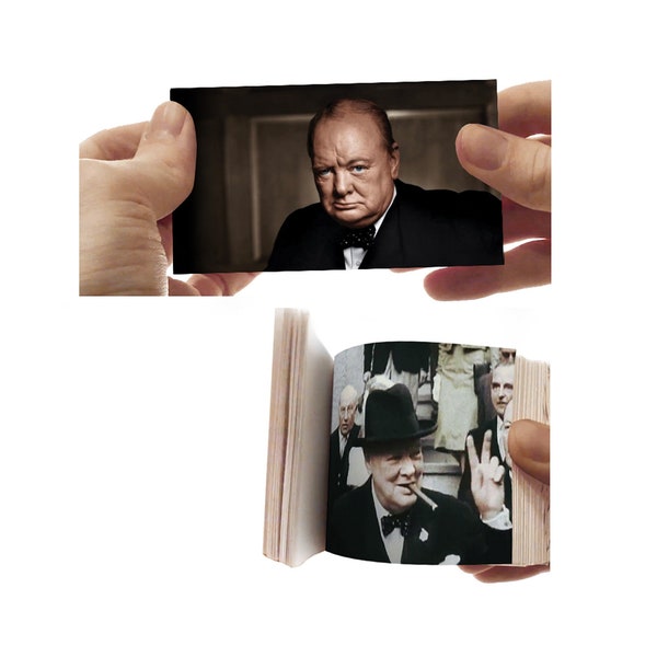 Flipbook small picture book to leaf through on Winston Churchill achieving the V of victory