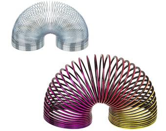 Small slinky plastic metal or multicolored rainbow spring, old-fashioned nostalgia toy from the 90s and 2000s