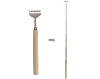 Stainless steel back scratcher with telescopic wooden handle from 16 to 54 cm - Extendable rake for relaxation and well-being or Zen garden