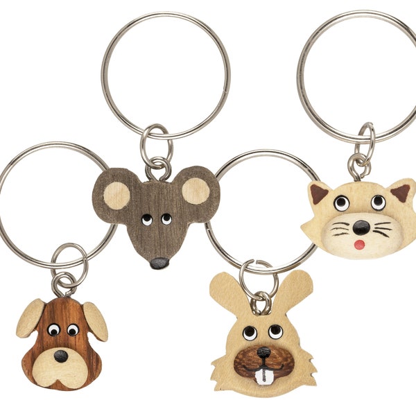 Porte-clés chien, chat, lapin ou souris en bois naturel - Porte-clef animal