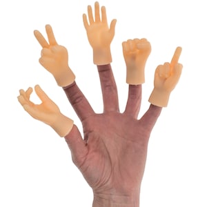 Finger puppet in the shape of a hand, clenched fist middle finger V of victory sign of OK and salute of the left or right hand