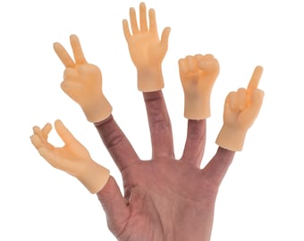 Finger puppet in the shape of a hand, clenched fist middle finger V of victory sign of OK and salute of the left or right hand