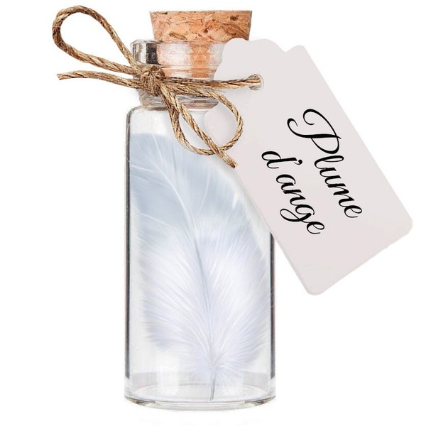 Plume blanche d'ange gardien dans une fiole en verre pour cadeau hommage, deuil, condoléance, réconfort, protection ou cabinet de curiosités