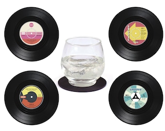 4 sous-verre en forme de vinyle - Sous-verre, rond à bière, dessous de verre 45 tours, 33 tours pour vos soirées rétro