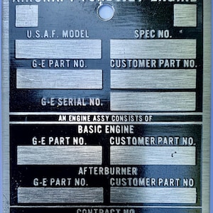 Original General Electric Aircraft Turbojet Engine Data Plate, GE J47  DPL-0126