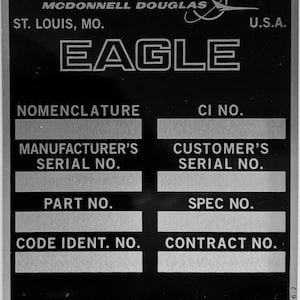 Reproduction McDonnell Douglas F-15 Eagle Data Plate, Vintage Aviation  DPL-0125