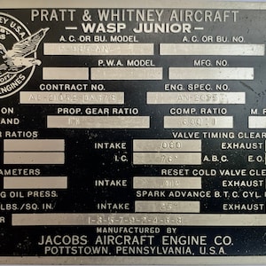 Original Pratt & Whitney R985-AN Wasp Junior Data Plate   DPL-0127