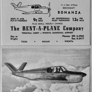 Fünf 2-seitige Beechcraft Bonanza Werbekarten, Vintage Aviation EPH-0114-5