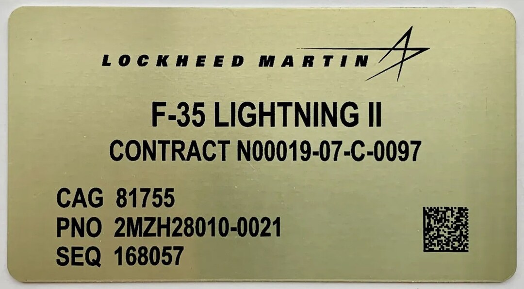 Lockheed Data Plate Reproduction Lockheed Martin F-35 Lightning II Data Plate DPL-0128 - Etsy