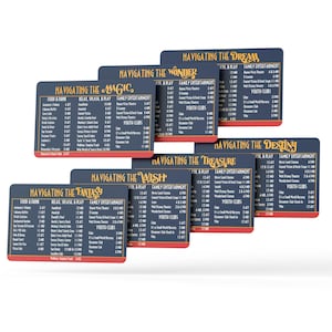 May include: A collection of navy blue and red rectangular cards with white text. Each card is labeled with phrases like "Navigating the Dream" and "Family Entertainment". The cards are arranged in a slightly overlapping pattern.