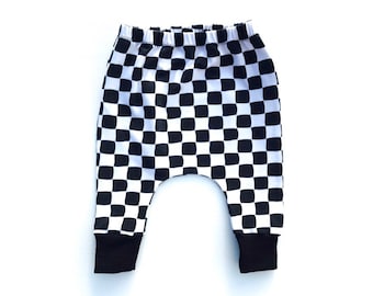 Black and White Check Baby Harem Pants, Toddler Monochrome Harems, Trendy Baby Clothes