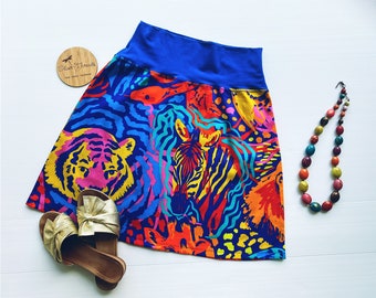 Colourful Safari Print Skirt | Women’s Handmade Statement Skirt | Bold Animal Art Skirt | Stretch Waist A-Line Skirt | Unique Wearable Art