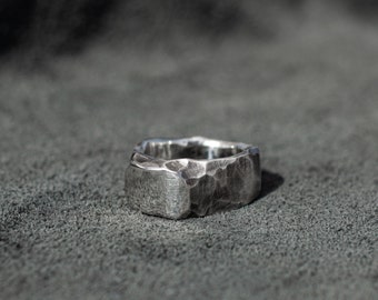 Chunky Sterling Silver Signet Ring: Brutalist Engraved Texture