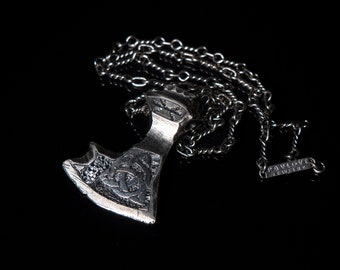 Handmade Silver Viking Ax: Mythical Stormbreaker with Ancient Runes and Infinity Chain Design