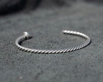 Sterling silver narrow twisted cuff bracelet for men