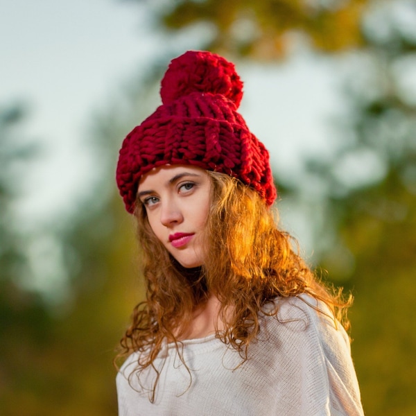 Hand Knit Hat Merino Wool Chunky Knit Hat Wool Pom Pom Oversized Knitting Handknit Hat Winter White Knit Hat Super Chunky Christmas Gift