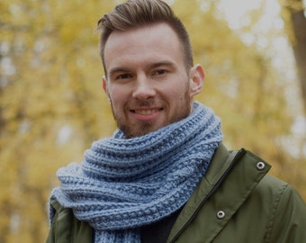 Knit Scarf for Men Wool Chunky Knitted Scarf Unisex Hand Knit Blue Oversized Scarf Long Handmade Knit Scarf Man Gifts Hand Knit Scarf