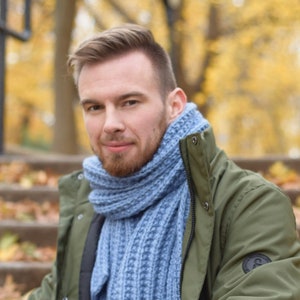 Knit Scarf for Men Wool Chunky Knitted Scarf Unisex Hand Knit Blue Oversized Scarf Long Handmade Knit Scarf Man Gifts Hand Knit Scarf