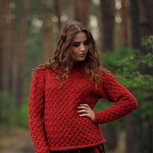 Knit Sweater Women Red Sweater Wool Sweater Handmade Knit Pullover Warm Sweater Knit Cardigan Top Womens Clothing Knitted Warm Sweater