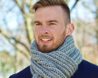 Écharpe en tricot pour homme, grosse écharpe grise en laine unisexe en tricot à la main, écharpe surdimensionnée grise longue fait main en tricot pour homme, cadeaux pour homme, écharpe en tricot à la main