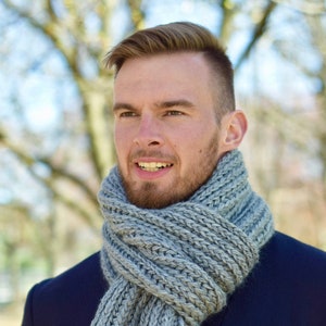 Knit Scarf for Men Wool Chunky Grey Scarf Unisex Hand Knit Grey Oversized Scarf Long Handmade Knit Scarf Man Gifts Hand Knit Scarf