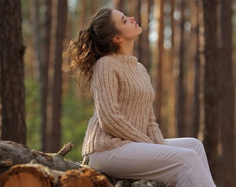 Hand Knit Sweater Top Cozy Sweater Womens Wool Sweater Handmade Knitwear Top Knit Pullover Womens Clothing Warm Sweater Knitted Pullover