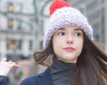 Chunky Knit Hat Wool Color Blocked Hand Knit Pom Pom Hat Merino Wool Oversized Knitting Handknit Hat Winter Knit Hat Chunky Christmas Gift