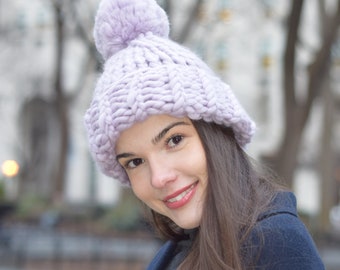 Merino Wool Chunky Knit Hat Wool Pom Pom Hand Knit Hat Oversized Knitting Handknit Hat Winter Lavender Knit Hat Super Chunky Christmas Gift