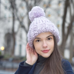 Merino Wool Chunky Knit Hat Wool Pom Pom Hand Knit Hat Oversized Knitting Handknit Hat Winter Lavender Knit Hat Super Chunky Christmas Gift image 2