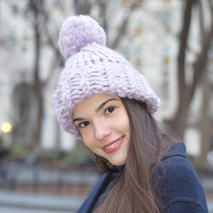 Merino Wool Chunky Knit Hat Wool Pom Pom Hand Knit Hat Oversized Knitting Handknit Hat Winter Lavender Knit Hat Super Chunky Christmas Gift image 1