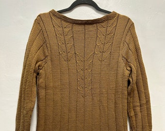 Boat Neck Wool Sweater Brown Camel Hand Knit Sweater Size M Sweater Handmade Wool Brown Knit Pullover Wool Sweater Winter Sweater Knitted