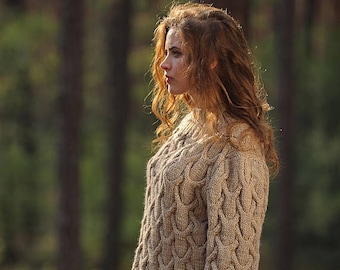 READY to Ship size S Fawn color Knit Wool Blend Sweater Oversized Wool Sweater Handmade Knit Pullover Sweater Knit
