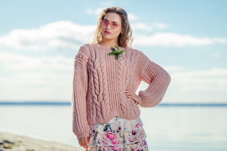 Knit Sweater Women Pink Sweater Wool Sweater Handmade Knit Pullover Warm Sweater Knit Cardigan Top Womens Clothing Knitted Warm Sweater
