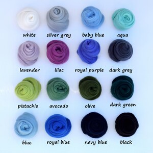 May include: A collection of 16 wool rovings in various colors, including white, silver grey, baby blue, aqua, lavender, lilac, royal purple, dark grey, pistachio, avocado, olive, dark green, blue, royal blue, navy blue, and black.
