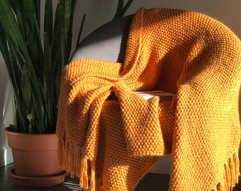 FINAL SALE Ready to Ship Hand Knit Blanket Fringe Throw Wool Blanket Knit Throw Handmade Knitted Blanket  Throw Hand knitted
