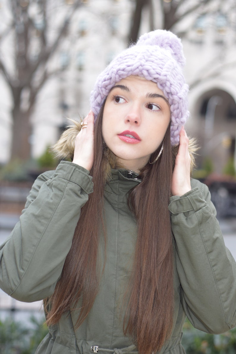 Merino Wool Chunky Knit Hat Wool Pom Pom Hand Knit Hat Oversized Knitting Handknit Hat Winter Lavender Knit Hat Super Chunky Christmas Gift image 5