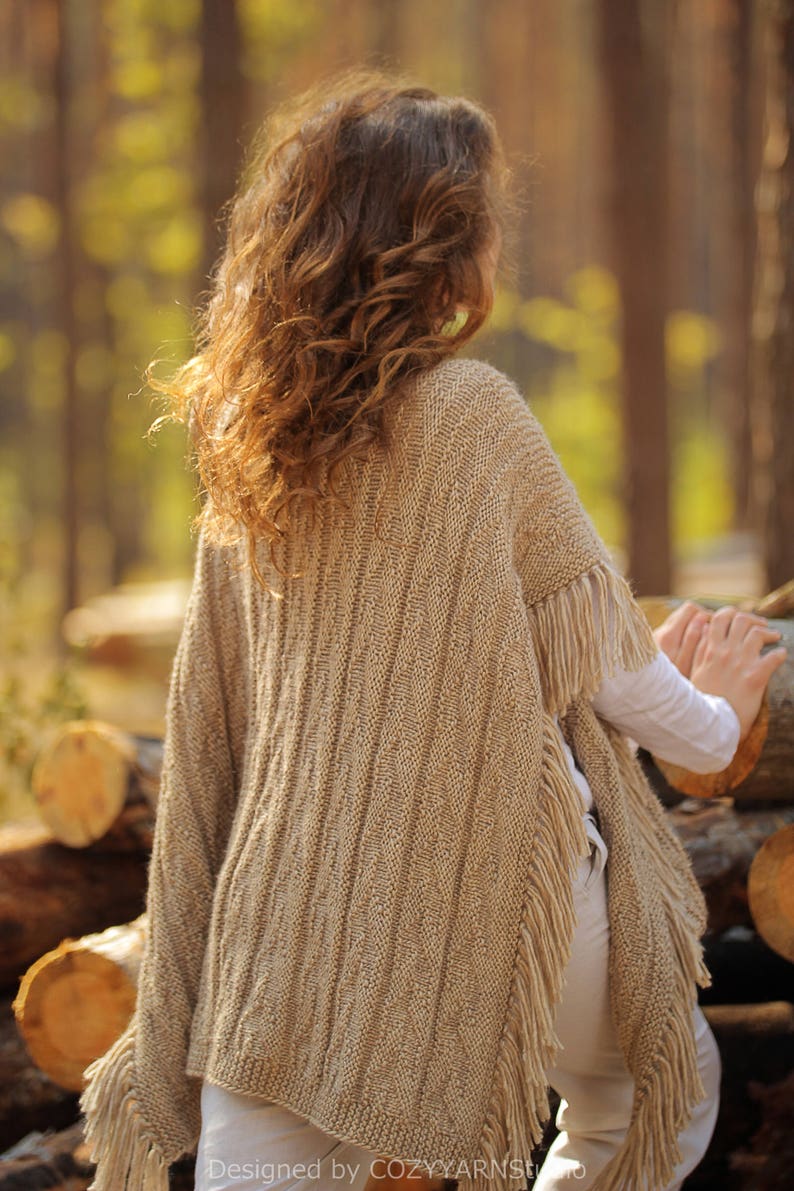 Hand Knit Poncho Blanket Fringe Poncho Women Poncho Sweater Etsy