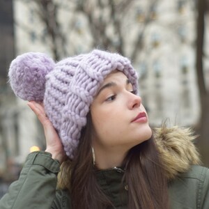 Merino Wool Chunky Knit Hat Wool Pom Pom Hand Knit Hat Oversized Knitting Handknit Hat Winter Lavender Knit Hat Super Chunky Christmas Gift image 4