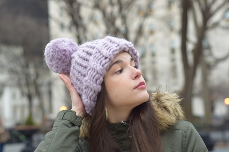 Merino Wool Chunky Knit Hat Wool Pom Pom Hand Knit Hat Oversized Knitting Handknit Hat Winter Lavender Knit Hat Super Chunky Christmas Gift image 4