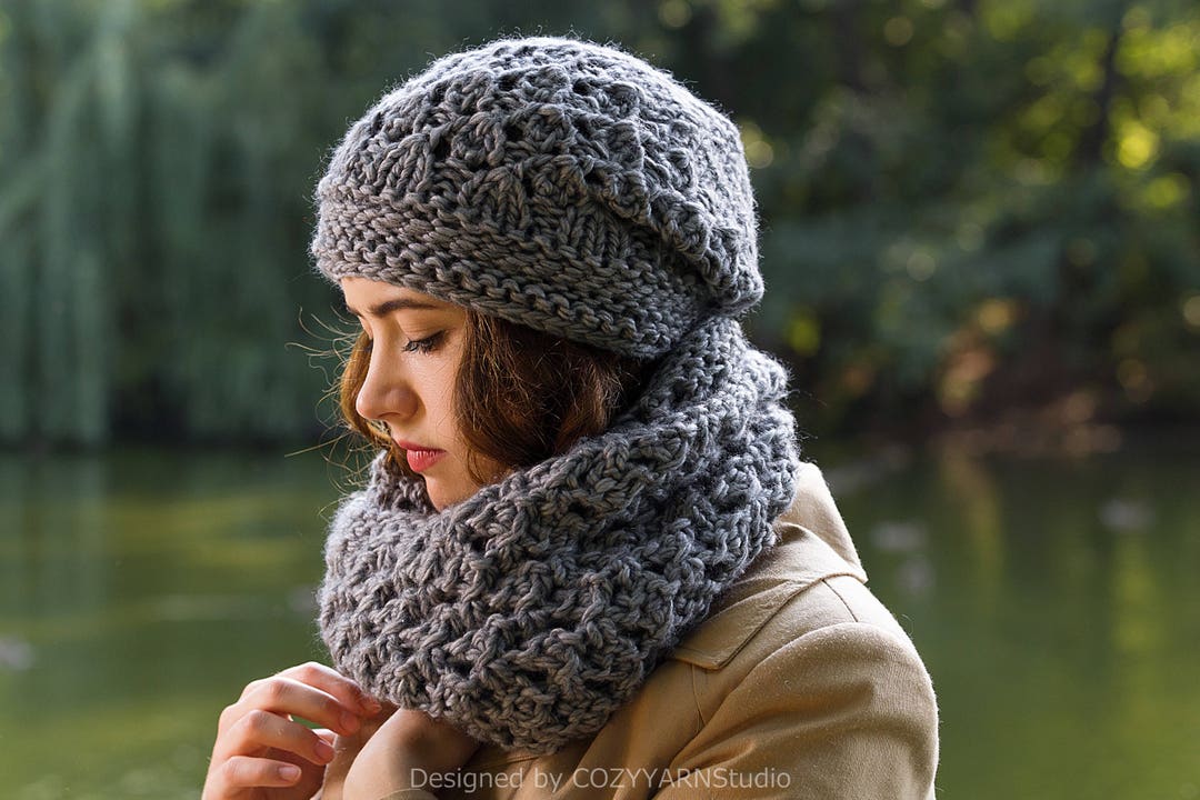 FINAL SALE Ready to Ship Hand Knit Set Grey Circle Scarf and Hat Wool ...