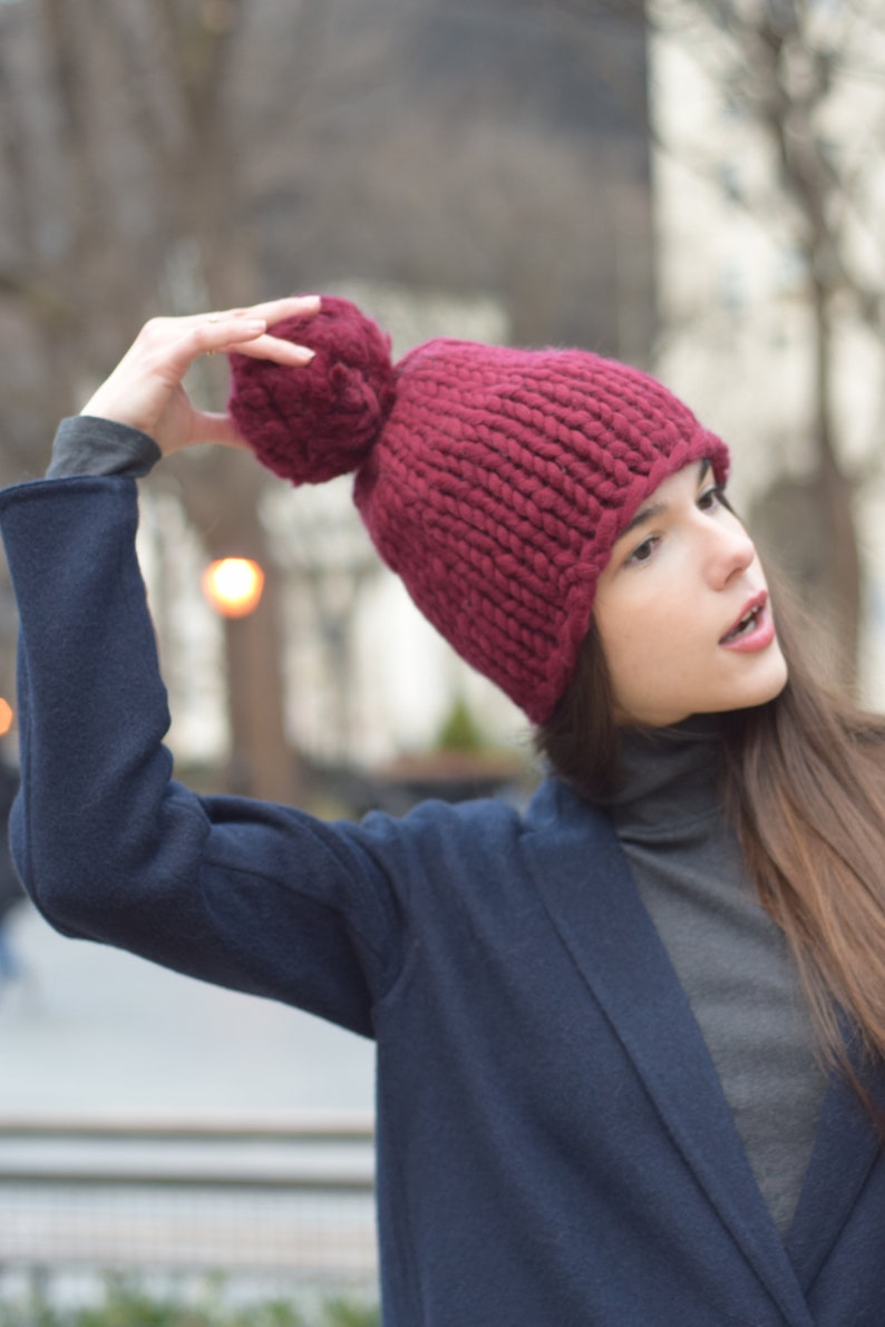 Wool Pom Pom Knit Hat Chunky Hat Oversized Knitting Wool Hand Knit Handknit Hat Winter Knitted Hat Super Chunky Christmas Gift image 4